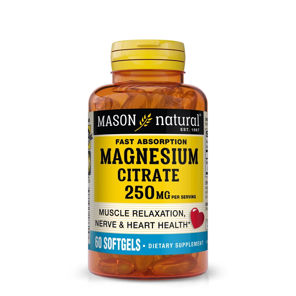 Mason Natural Magnesium Citrate 250 mg, Fast Absorption, 30 Day Supply | 250mg fast-absorbing magnesium citrate to support normal muscle, nerve & heart function; 60 softgels