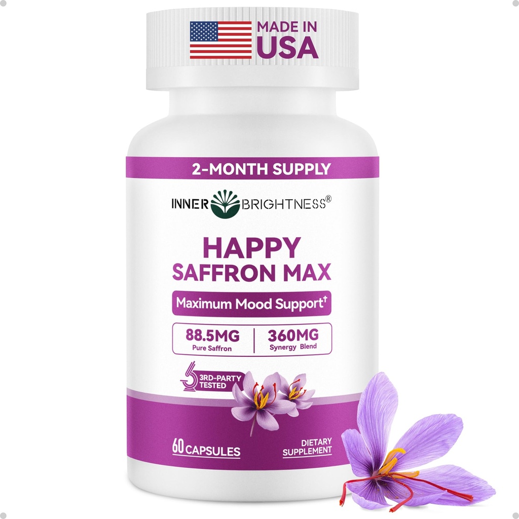 Saffron Supplements 88.5mg plus Magnesium, Ashwagandha & L-Theanine – Happy Saffron Max – Boost Energy & Mood, Support Eye & Heart Health – 60 Veg Capsules, Non-GMO, Made in USA, 2-Month Supply