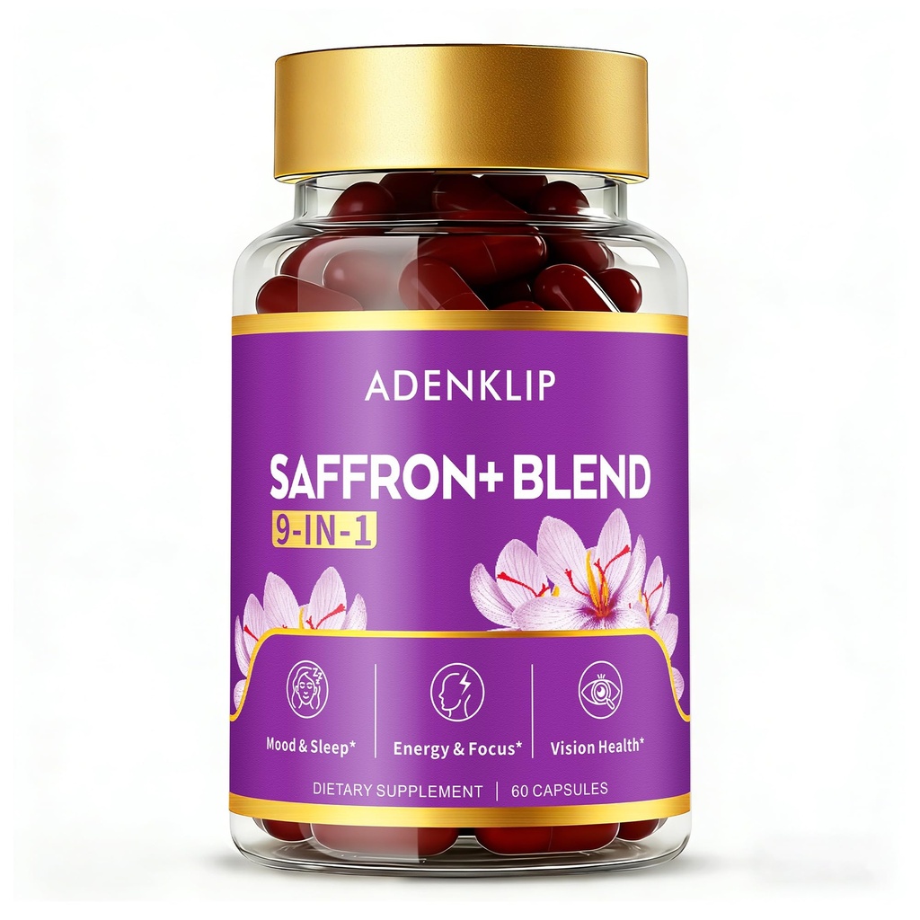 Saffron Supplements – 9-in-1 Blend, Organic Saffron Extract with Ashwagandha, Magnesium Glycinate, L-Theanine, Turmeric & Passionflower for Mood, Focus & Energy Support - Non-GMO, 60 Capsules