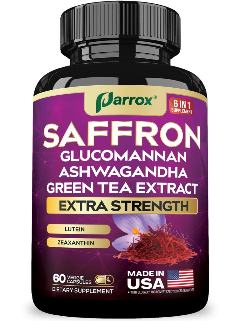 Saffron Supplement with Glucomannan, Ashwagandha, Green Tea Extract, Zeaxanthin & Lutein, Vision Support & Daily Wellness Formula, Extra Strength Plant-Based Capsules, 2 Month Supply (60 Caps)