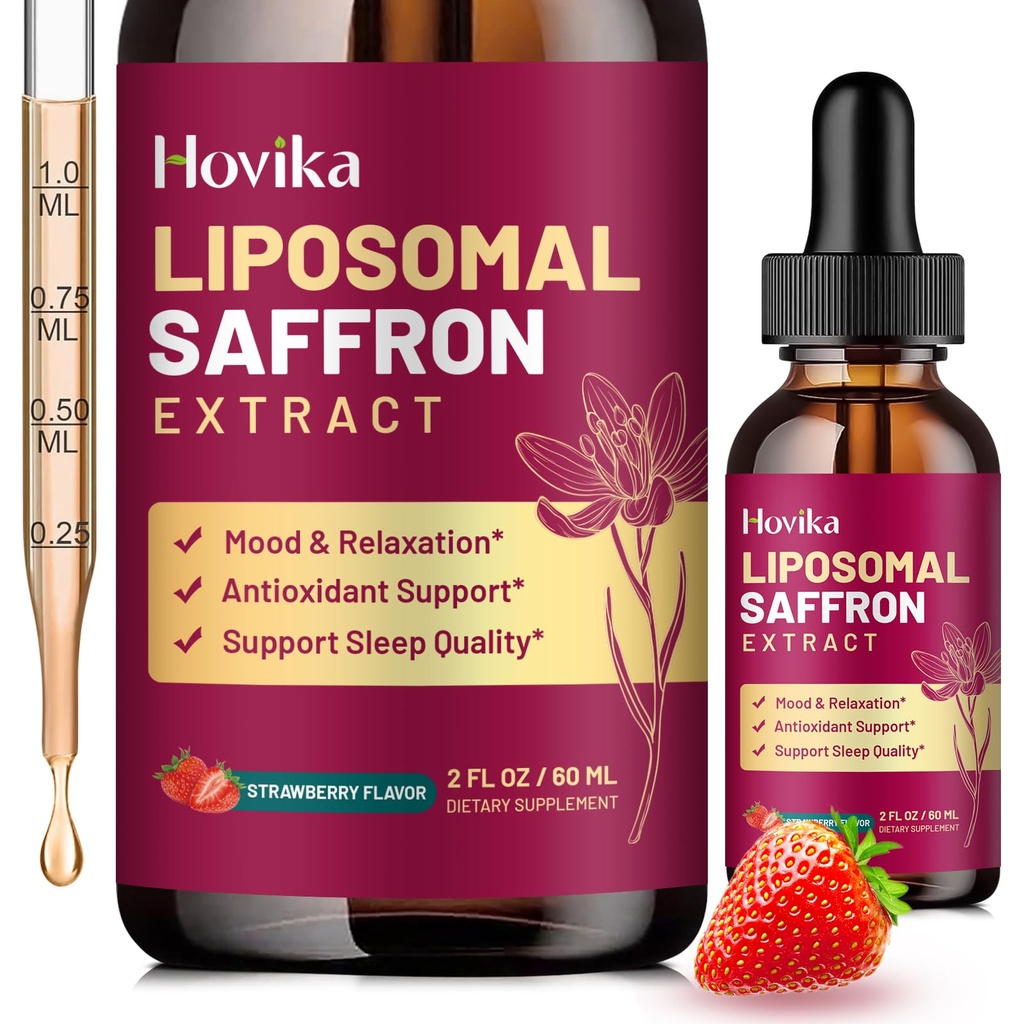 Liposomal Saffron Supplements - 88.5mg Saffron Extract Liquid Drops with L-Theanine, Chamomile, Vitamin C, B6, B12 & D3 for Antioxidant, Immune, Mood, Energy, Focus & Sleep - 2 Fl Oz Strawberry Flavor