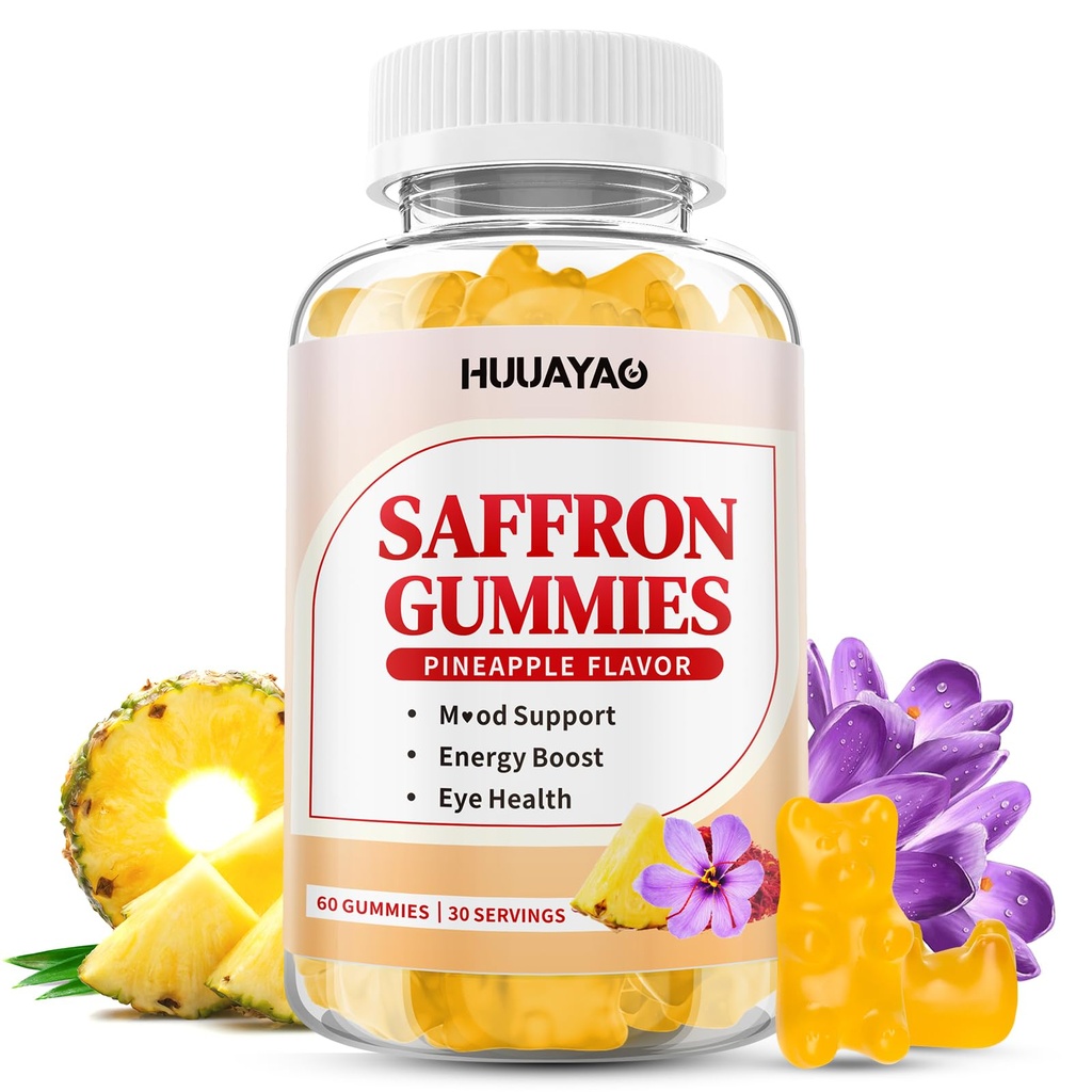 10-IN-1 Saffron Gummies, Sugar Free Saffron Supplements with Ashwagandha, L-Theanine, Rhodiola Rosea, Vitamin D3, B6, Magnesium & Zinc for Mood, Energy, Focus Support, Pineapple Flavor, 60 Count