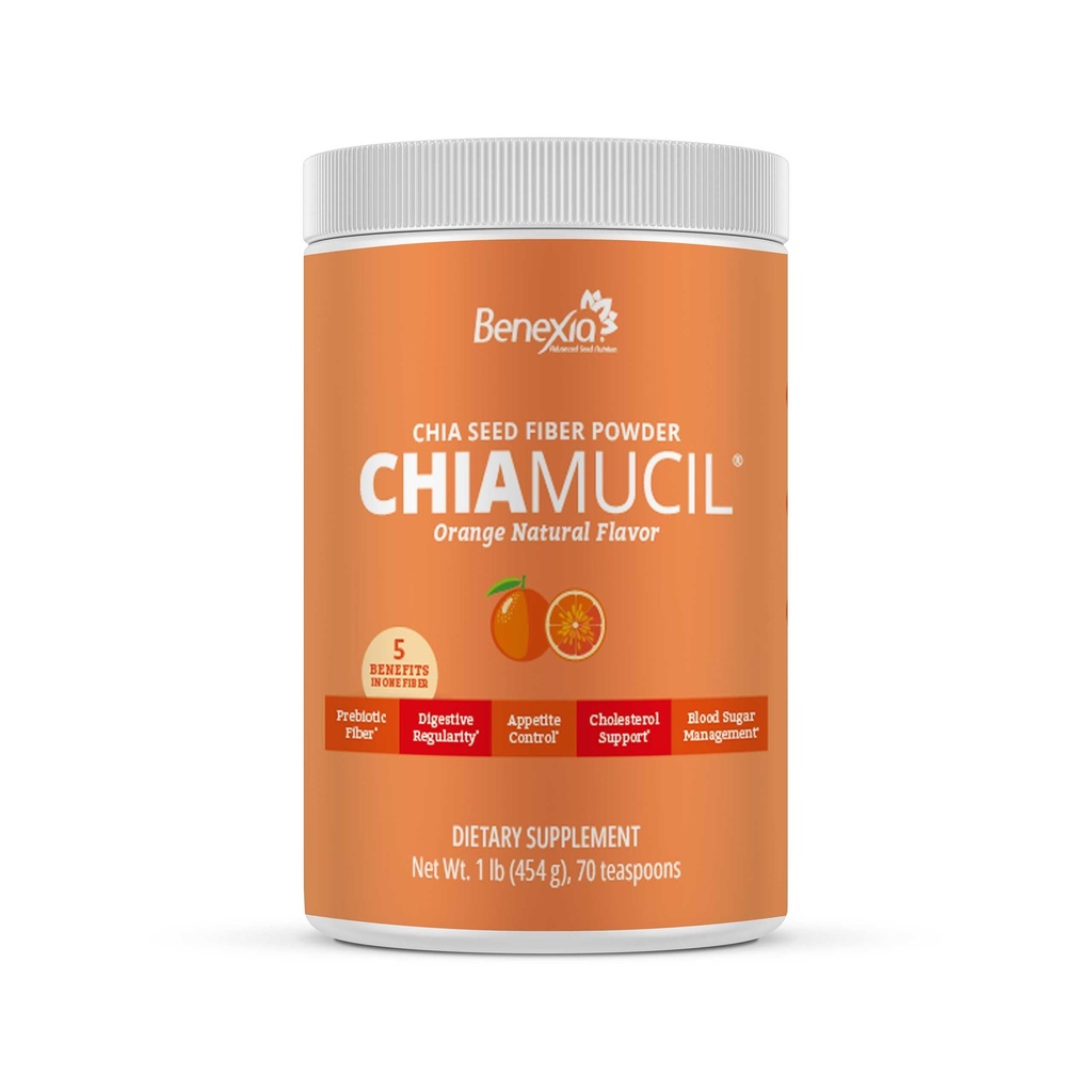 Chiamucil Prebiotic Fiber Supplement Powder – Chia Fiber & Chicory Root (Inulin) for Digestive Health & Appetite Control – Gluten & Sugar Free, Vegan, Non-GMO, Orange - 35 Servings