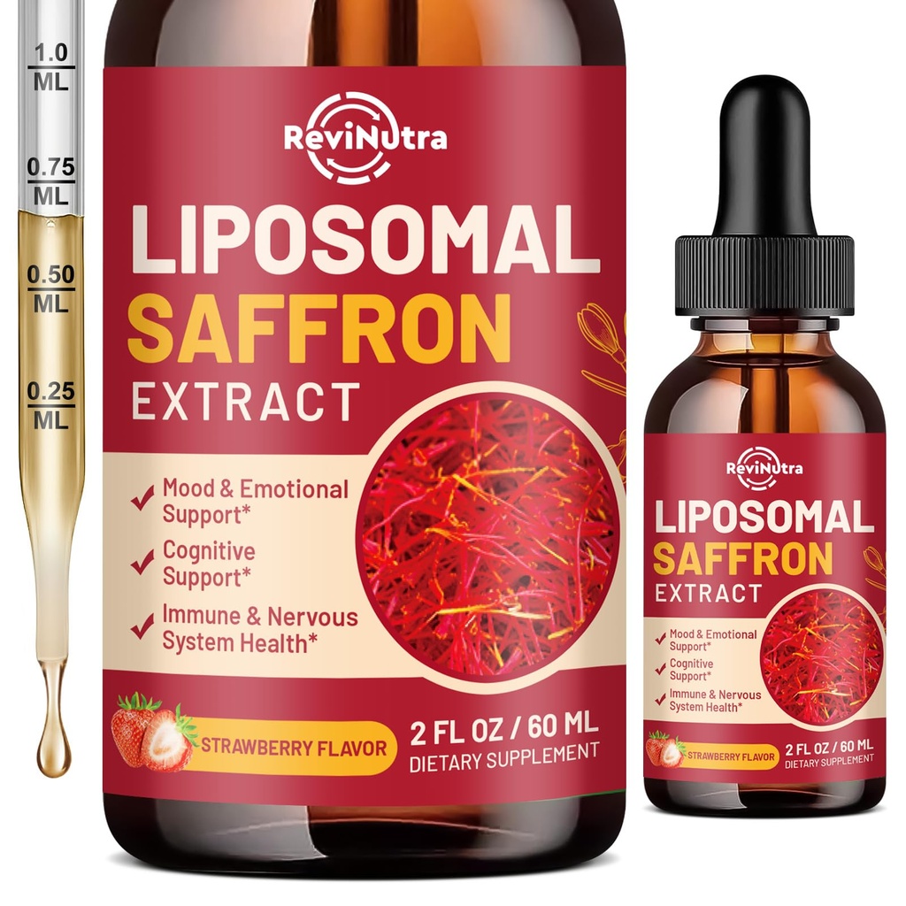 Saffron Supplements - 88.5mg Saffron Extract Liposomal Liquid Drops with Magnesium, Zinc, Ashwagandha, L-Theanine, Vitamin B6, D3 for Antioxidant Mood Energy Vision & Focus, Strawberry Flavor 2 Fl Oz