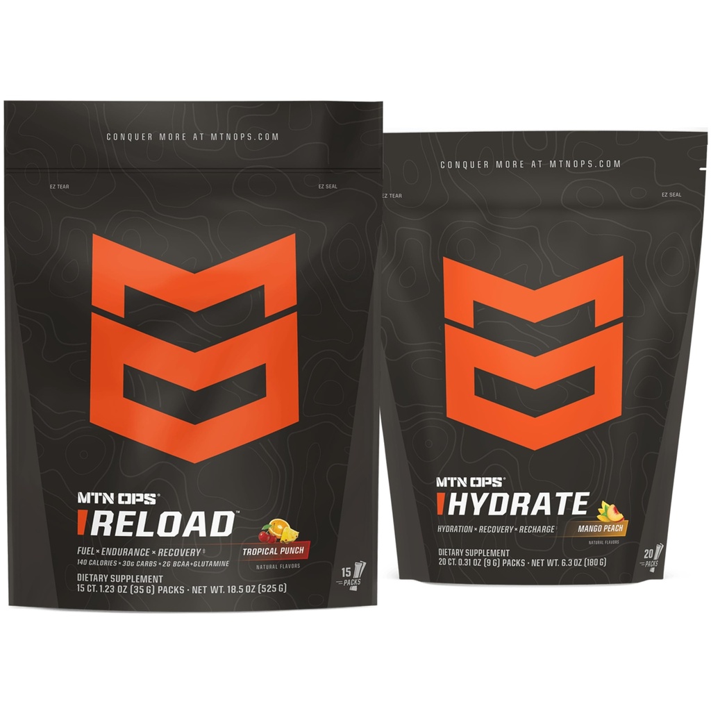 MTN OPS Reload + Hydrate Bundle, Carb Fuel & Electrolyte Hydration Powder, Fruit Punch + Mango Peach