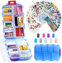 14 Grids Travel Pill Organizer Box with 415-Pcs Medicine Name Labels - Pocket Daily Pharmacy Case Container Kit - Travel Medication Holder Dispenser for Fish Oil Vitamin supplement Storage - Clear Blue