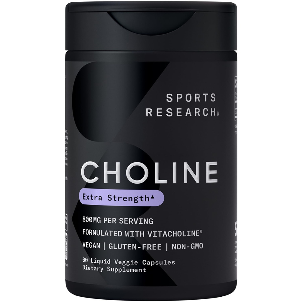 Sports Research ® Extra Strength Choline 800 mg - Essential Nutrient Featuring VitaCholine ® for Focus Support - Vegan Certified • Non-GMO • Gluten Free - 60 Liquid Capsules