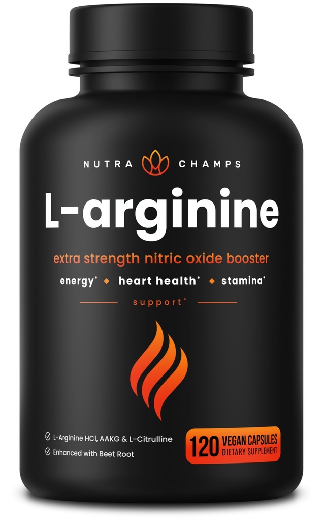 NutraChamps L-Arginine Supplement 1000mg + L-Citrulline 250mg & Beet Root – Nitric Oxide Booster for Heart Health, Energy & Stamina – Extra Strength Amino Acid Complex – 120 Vegan Capsules
