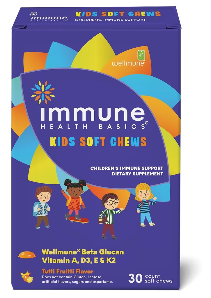 Kids Soft Chews with Wellmune® | Natural Beta Glucan Supplement for Immune Support & Daily Wellness | Allergen-Free & No Added Sugar | Tutti-Frutti Flavor, 30 Soft Chews