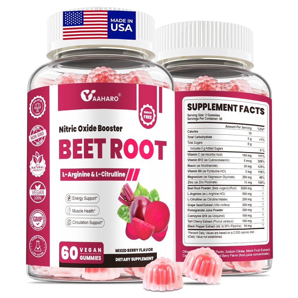 Beet Root Gummies - Nitric Oxide Booster Supplements for Men & Women with Beetroot, L-Citrulline & L-Arginine - Heart, Muscle & Circulation Support - Sugar Free, Vegan, Mixed Berry Flavor, 60 Gummies