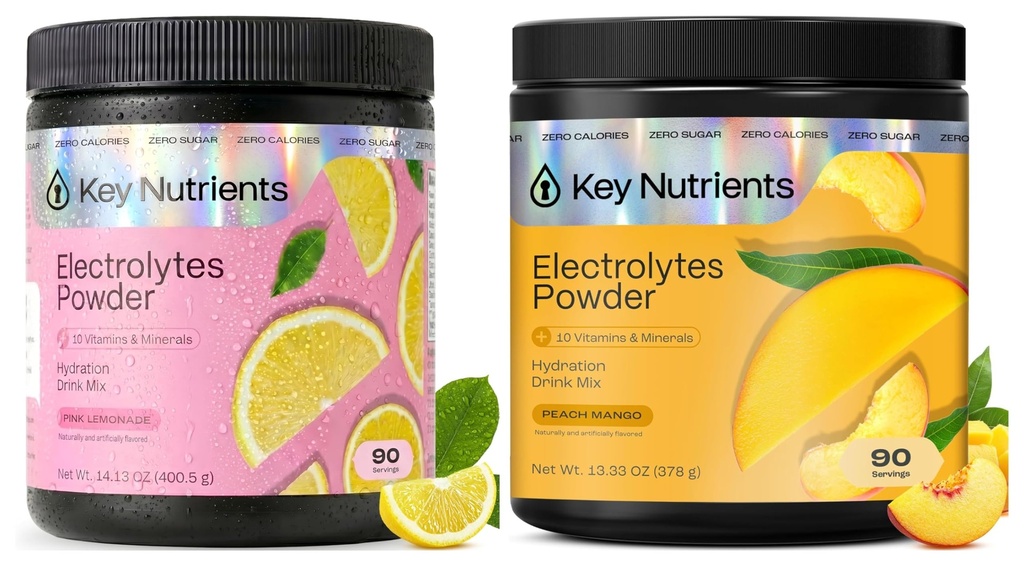 KEY NUTRIENTS Electrolytes Powder Bundle, Fresh Pink Lemonade 90 Servings Jar + Peach Mango 90 Servings Jar, Sugar Free Hydration Drink Mix with Vitamins & Minerals, No Calories