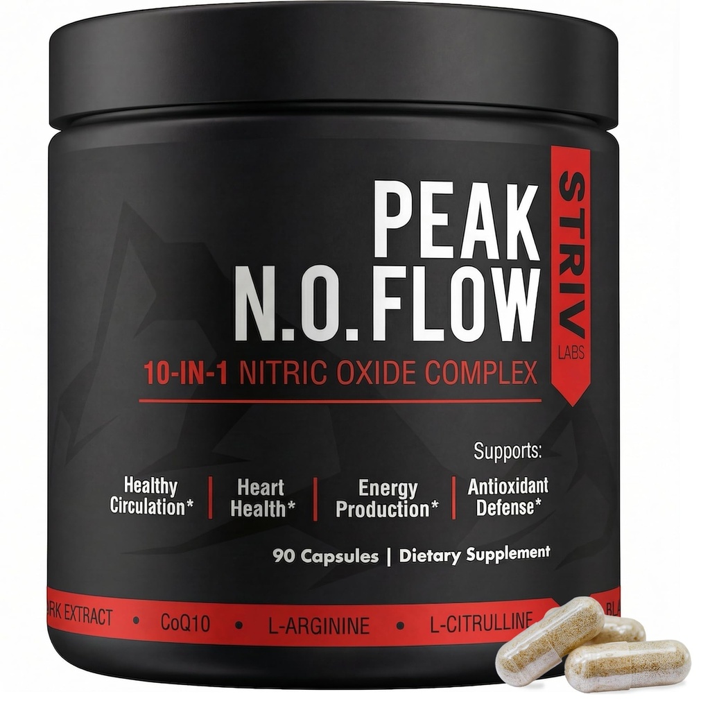 Peak Flow 10-in-1 Nitric Oxide Supplement - L Citrulline, L Arginine & CoQ10 - Healthy Circulation, Heart Health & Stimulant-Free Energy - 90 Capsules
