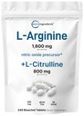 L-Arginine 1,600mg Nitric Oxide Supplement for Men with L-Citrulline, 240 Bisected Tablets | Nitric Oxide Precursor | Muscle, Energy, & Heart Support | Non-GMO, Gluten Free - 4 Month Supply