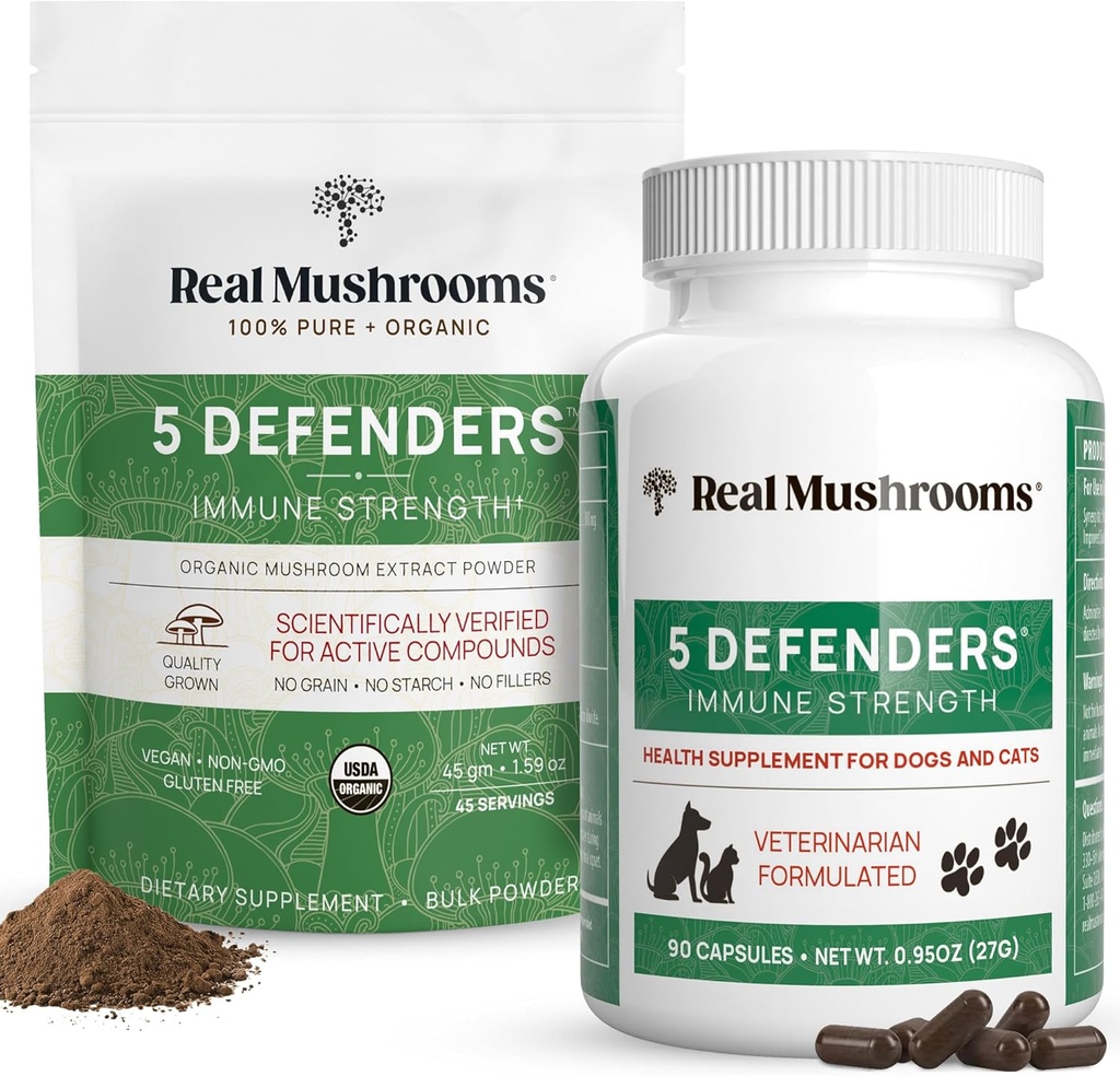 Real Cogumelos 5 Defenders for Humans (45g) & Pets (90ct) - Pouch & Cápsulas Bundle - Chaga, Shiitake, Maitake, Turquia Tail & Reishi Mushroom - para Imune Força & Bem-estar geral - Vegan, Non-GMO