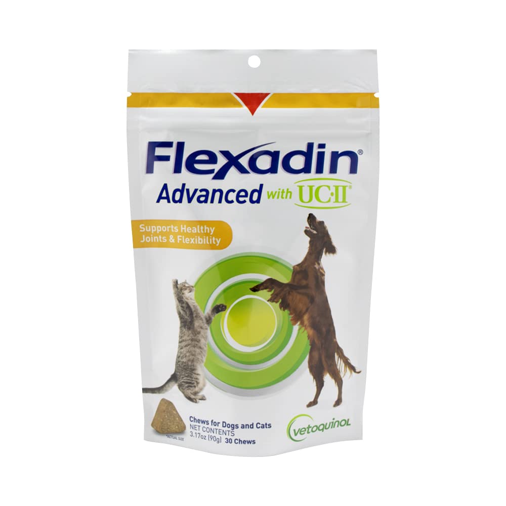 Vetoquinol Flexadin Advanced Dog Hip and Joint Supplement with Undenatured Collagen, One Chew a Day Hip and Joint Support Chew for Dogs and Cats, Clinically Proven Vet-Approved Formula, 30 Chews