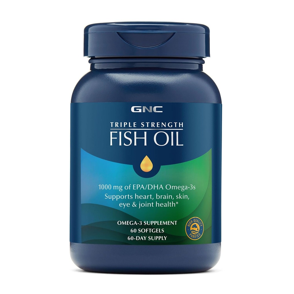GNC Triple Strength Fish Oil Omega 3 Supplement, 1000mg EPA and DHA, Supports Heart, Brain, Skin, Eye and Joint Health, 60 Softgels
