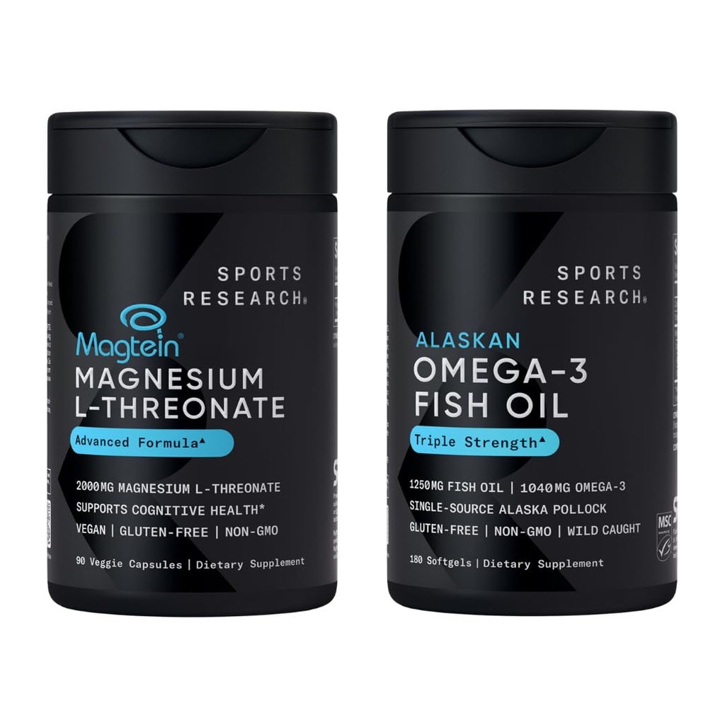 Sports Research® Cognitive Health Supporort Pack - Triple Strength Omega 3 Fish Oil - Burpless Fish Oil Supplement w/EPA & DHA Fatty Acids & Magtein Magnesium L-Threonate Supplement Memory Focus Sleep