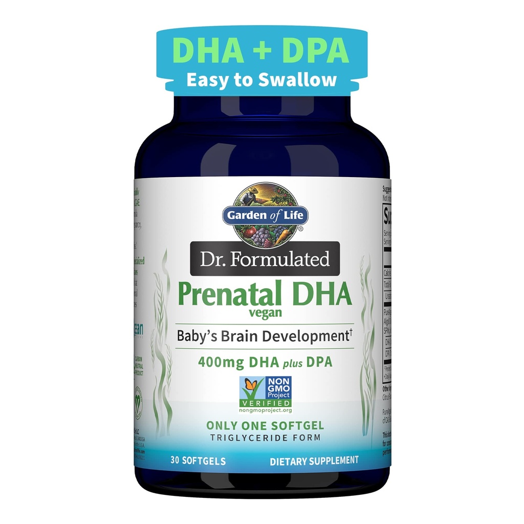 Garden of Life Dr. Formulated Prenatal Vegan DHA - Certified Vegan Omega 3 Supplement with 400mg DHA + DPA from Algal Omega 3 in Triglyceride Form, Non-GMO, 30 Softgels