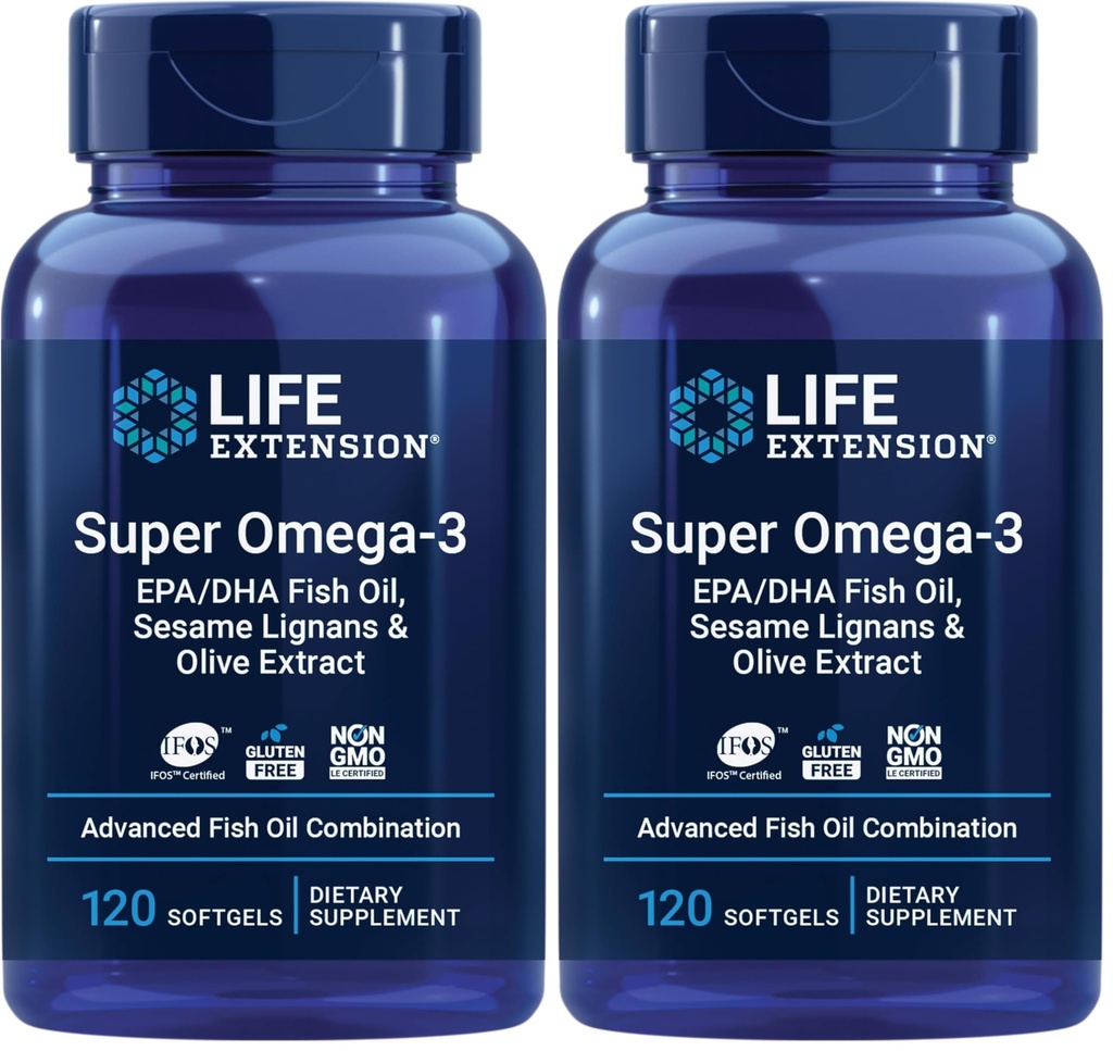 Life Extension Super Omega-3 EPA/DHA Fish Oil,Sesame Lignans & Olive Extract – Cognitive Health,Cholesterol Health Support,Gluten-Free,Non-GMO,120 Softgels,(Pack of 2)