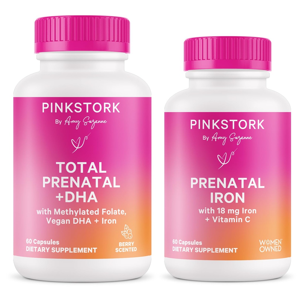 Pink Stork Prenatal + Iron Bundle - Total Prenatal with DHA, Prenatal Iron Supplement, Prenatal Vitamin for Women