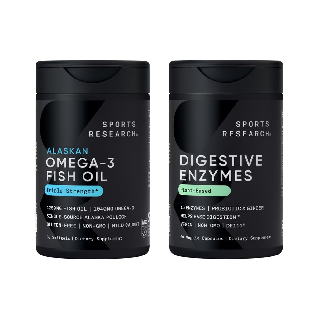 Sports Research® Triple Strength Omega 3 EPA & DHA Fish Oil 1250mg Burpless Supplement (30 Softgels) and Digestive Enzymes with Probiotics & Ginger Plant Based Vegan Friendly (90 Veggie Capsules)