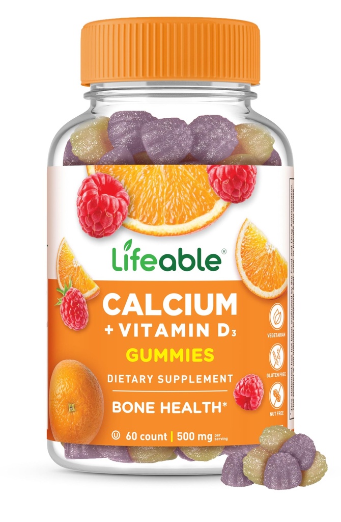 Lifeable Calcium with Vitamin D3 Gummies | Calcium 500 mg D3 1000 IU | Great Tasting Bone Strength Supplements | for Bone Health | Calcium Gummies for Women, Men | 60 Gummies