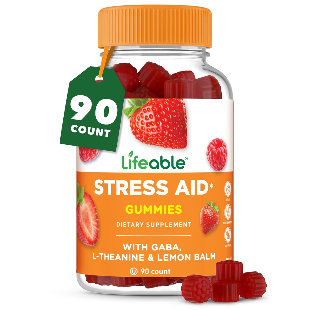 Lifeable Stress Aid Gummies | with Lemon Balm, GABA and L Theanine Supplements | Vegan Non GMO Mood Support Supplement | Great Tasing Stress Vitamins | L-Theanine for Women and Men | 90 Gummies