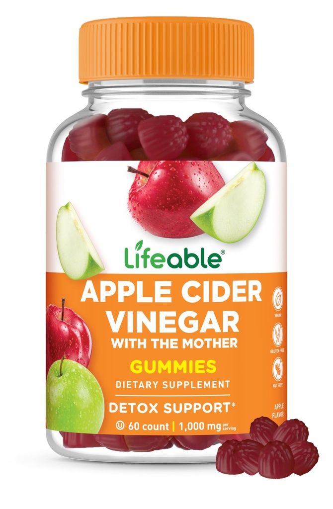 Lifeable Apple Cider Vinegar Gummies with Mother | 1000 mg | Advanced ACV for Detox & Cleansing, Supports Metabolism, Digestion, & Energy | 60 Gummies for Weight Loss and Belly Fat