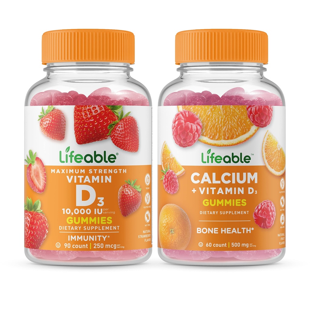 Lifeable Vitamin D 10000 IU + Calcium with Vitamin D, Gummies Bundle - Great Tasting, Vitamin Supplement, Gluten Free, GMO Free, Chewable Gummy