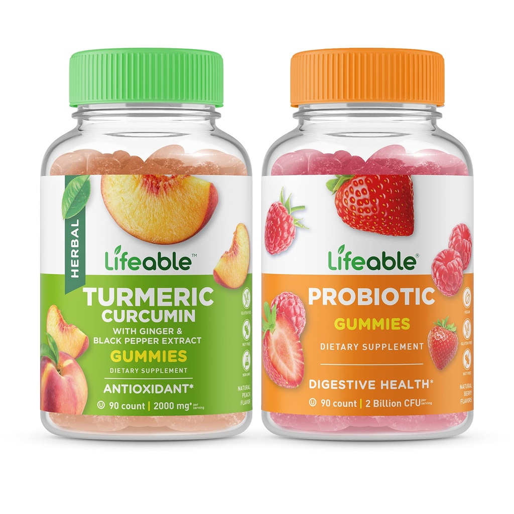 Lifeable Turmeric Curcumin + Probiotic 2 Billion CFU, Gummies Bundle - Great Tasting, Vitamin Supplement, Gluten Free, GMO Free, Chewable Gummy