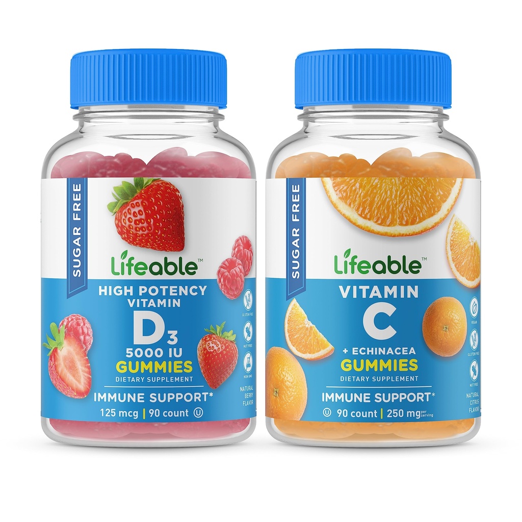 Lifeable Sugar Free Vitamin D 5000 IU + Vitamin C, Gummies Bundle - Great Tasting, Vitamin Supplement, Gluten Free, GMO Free, Chewable Gummy
