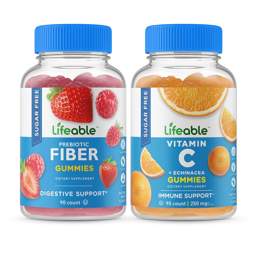 Lifeable Sugar Free Prebiotic Fiber + Vitamin C, Gummies Bundle - Great Tasting, Vitamin Supplement, Gluten Free, GMO Free, Chewable Gummy
