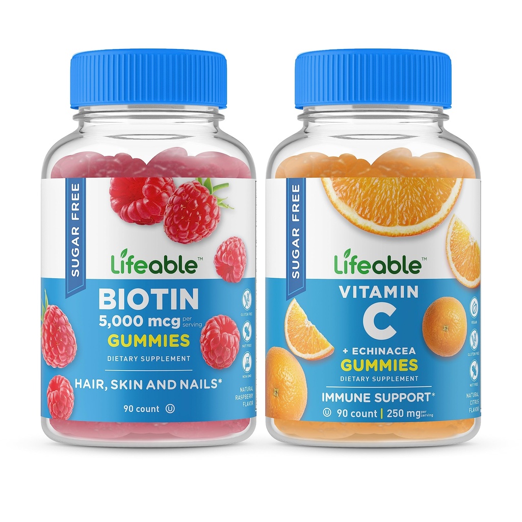 Lifeable Sugar Free Biotin + Vitamin C, Gummies Bundle - Great Tasting, Vitamin Supplement, Gluten Free, GMO Free, Chewable Gummy