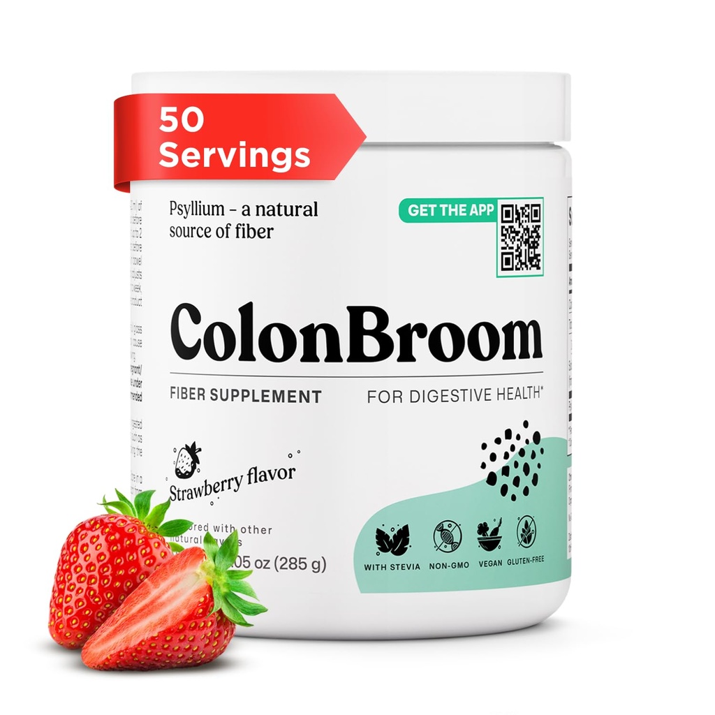 ColonBroom Psyllium Husk Powder (Strawberry, 50 Servings) - Colon Cleanse for Bloating Relief & Gut Health - Colon Broom Fiber Powder Drink - Vegan, Gluten Free, Non-GMO Fiber Powder Supplement