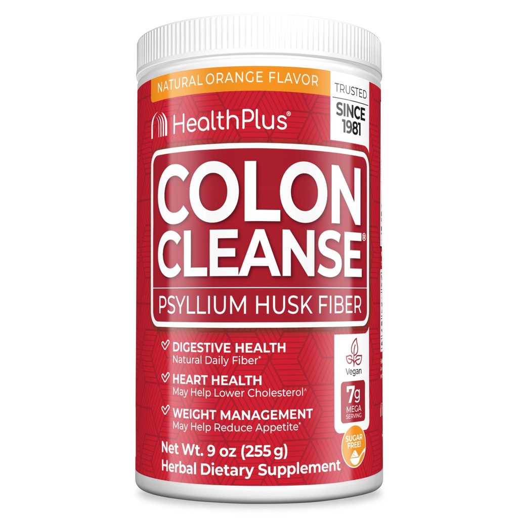 Health Plus Colon Cleanse Digestive Support | No Artificial Flavors | Daily Fiber for Toxin Elimination To Reduce Bloating | Psyllium Husk | Orange Flavor | 9 Ounces, 36 Servings