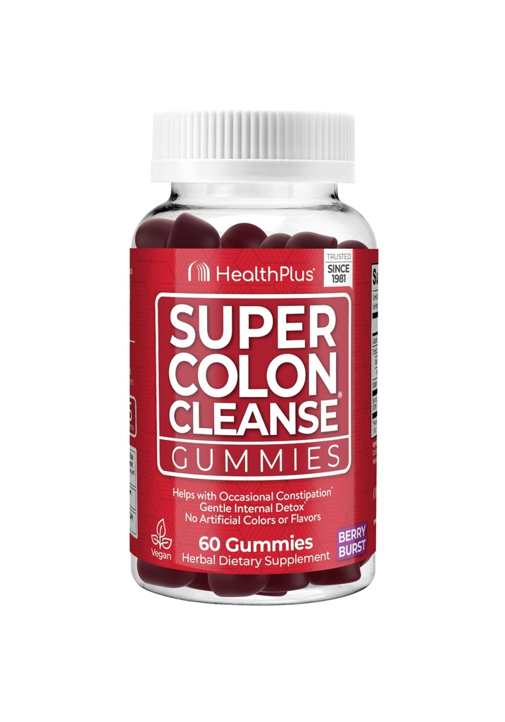Health Plus Super Colon Cleanse Gummies Dietary Supplement, Gentle Overnight Relief from Occasional Constipation, Natural Senna Leaf Extract, Mixed Berry Flavor, 60 Count, 15 Day Cleanse