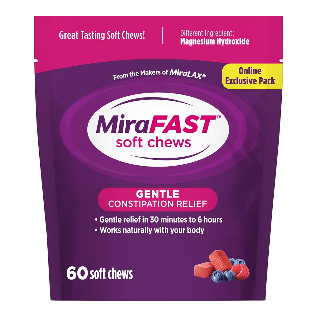 MiraFAST Soft Chews, from the Makers of MiraLAX, Gentle Constipation Relief, Fast Acting, Stimulant Free Saline Laxative, Magnesium Hydroxide, Blueberry & Raspberry Flavor, 60ct
