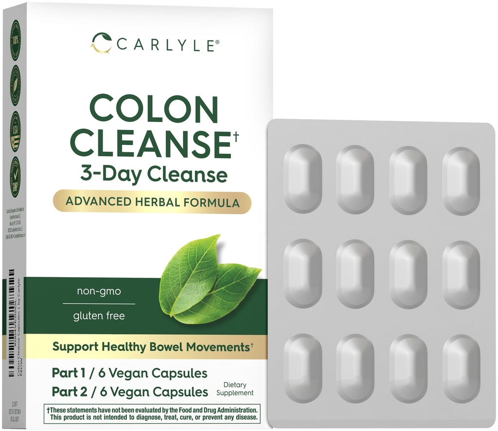 Carlyle Colon Cleanse | 12 Vegan Capsules | 3 Day Cleanse | Advanced Herbal Formula | Support Healthy Bowel Movements | Non-GMO and Gluten Free Supplement
