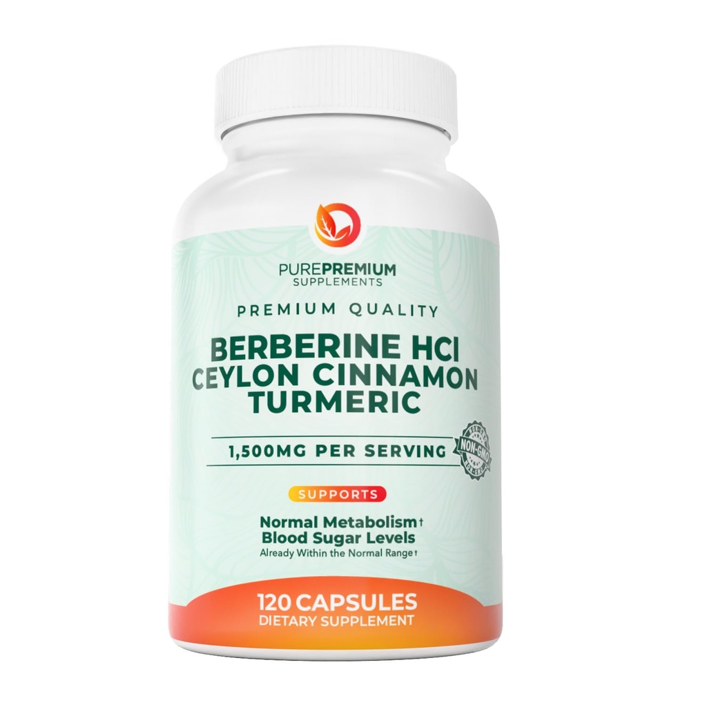 PurePremium Berberine with Ceylon Cinnamon Complex - 1500mg Berberine Supplement HCl, Cinnamon & Turmeric Supplement Supports Blood Sugar Levels Already Within Normal Range - 2 Month Supply, 120ct