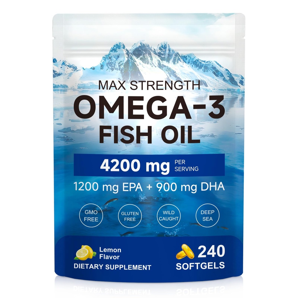 AIQIUSHA Omega 3 Fish Oil Supplements 4200mg – Triple Strength EPA DHA (1200/900), No Fishy Burps, Enteric Coated, Supports Heart, Brain, Joint Health, 240 Softgels (1)