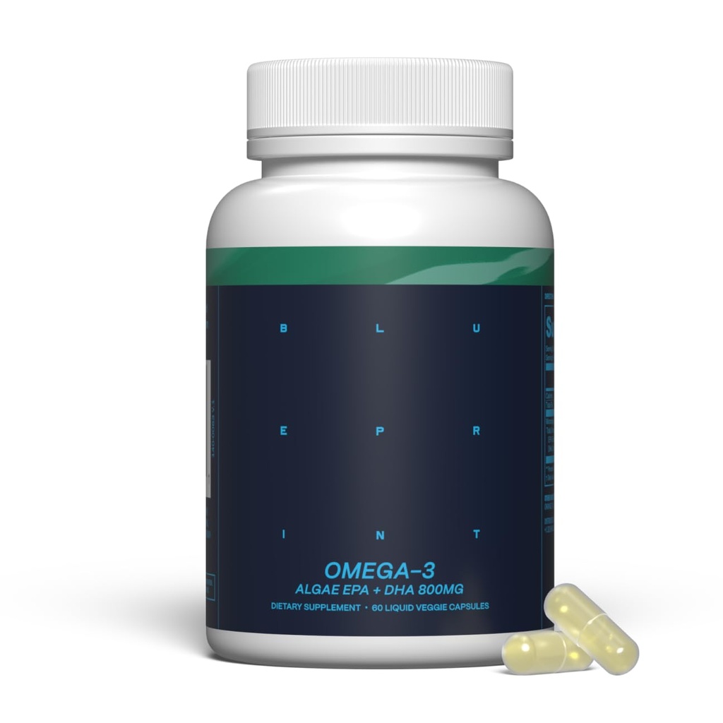 Blueprint Bryan Johnson Omega-3 - Vegan Algae Omega 3 Supplement with EPA/DHA - 800mg Plant-Based for Brain, Heart & Joint Support - High Absorption Triglyceride Form - 1:1 EPA/DHA