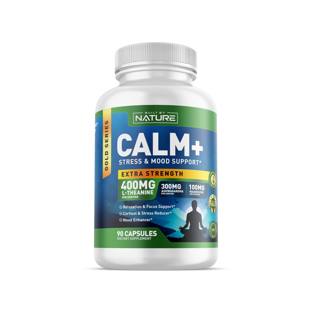 Built by Nature Calm+ Relaxation & Focus – Stress, Cortisol & Mood Support – Calm Supplement with L-Theanine, Ashwagandha, Magnesium Glycinate, Vitamin D3 – 90 Capsules