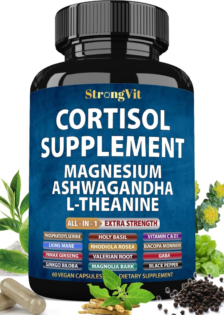 StrongVit Cortisol Supplements for Women and Men with Magnesium, Ashwagandha & L-Theanine. High Cortisol Reducer, Manager, Detox, Lower and Control. Sleep Support & Stress Relief, USA