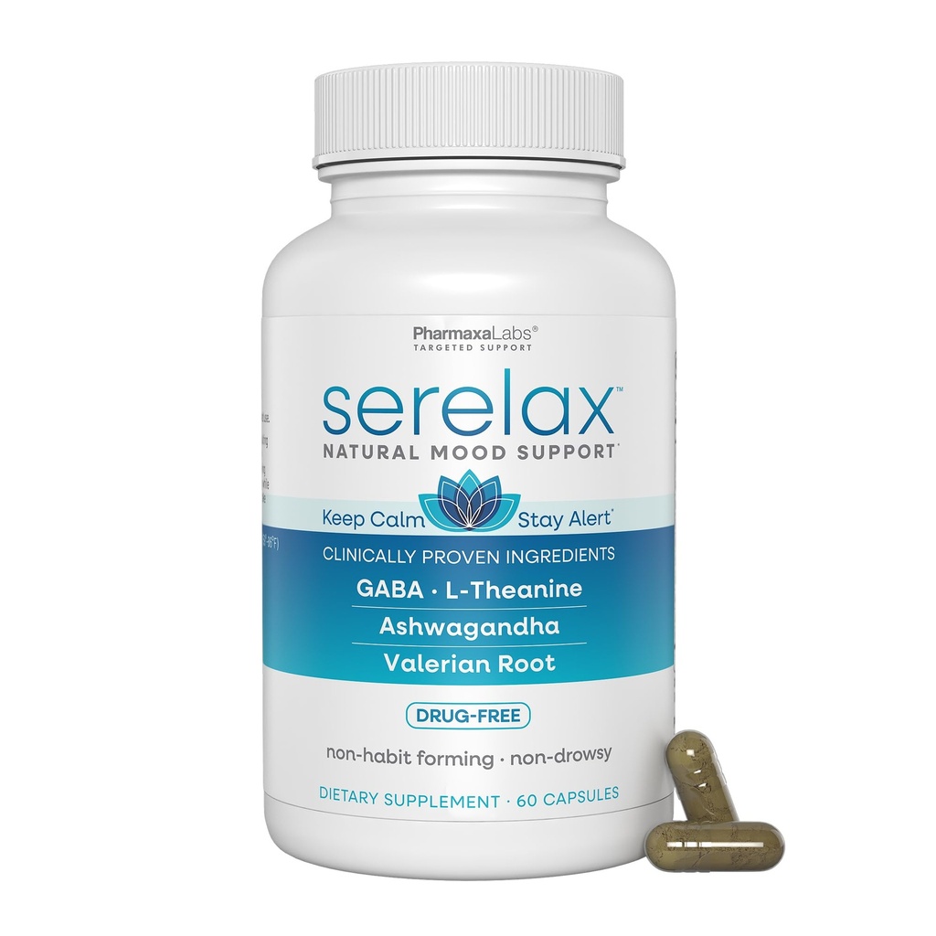 Stress Relief Supplement - Supports Mood & Mental Focus - Feel Calm and Relaxed - Eases Tension & Nervousness - Ashwagandha, GABA, Valerian & L-Theanine - 60 Capsules