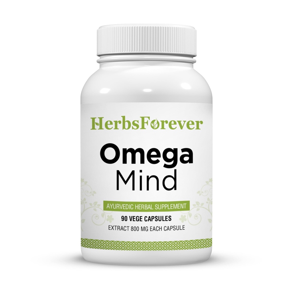 Herbsforever Omega Mind - Support Brain Function, Cognitive, Memory, Mental Clearity |Consentration,with Bacopa, Ashwagandha, Mucuna 10 Ayurvedic Herb Extracts|90 Veg Capsules|800 mg