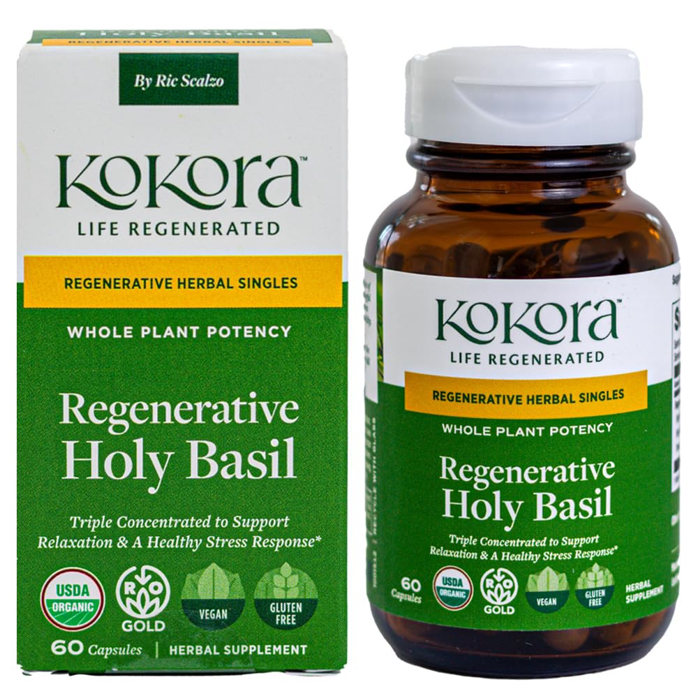 kokora Regenerative Holy Basil - Regenerative Organic Certified – Relaxation, Calm Mind, Stress Relief* -Vegan, Non-GMO – 60 Capsules - 30 Servings