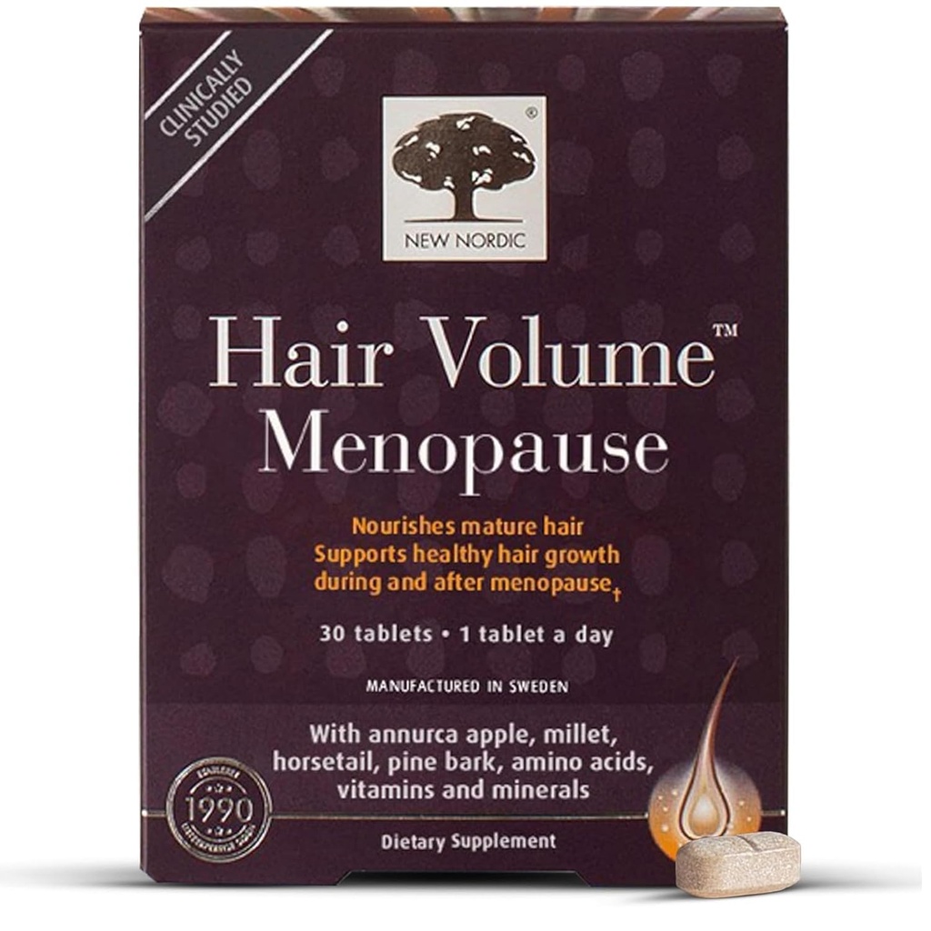 New Nordic Hair Volume Menopause, Supports Healthy Hair Growth During and After Menopause, Pine Bark and Annurca Apple Extract, 30 Tablets