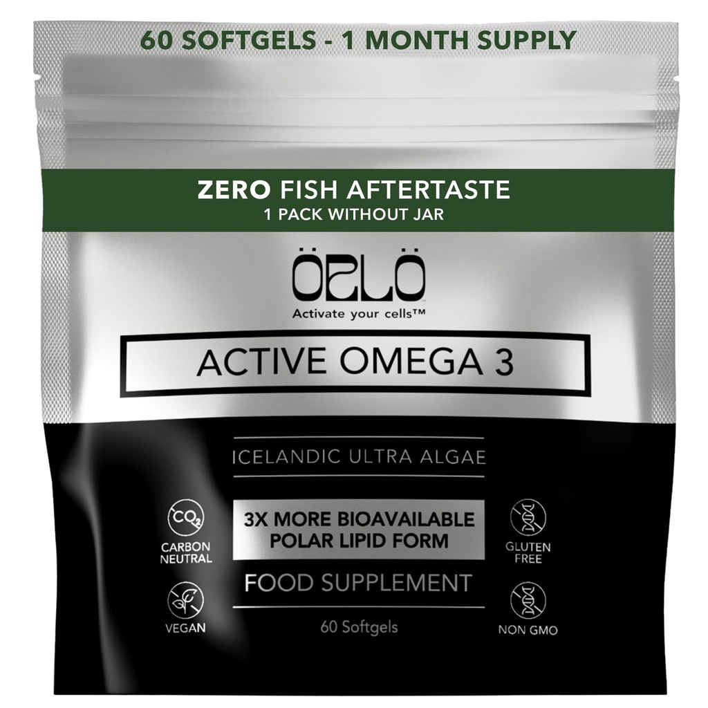 Orlo Vegan Omega 3 Algae Oil 1000mg - Natural Icelandic Nordic Omega-3 EPA & DHA Supplement - Fish Oil & Krill Alternative for Heart & Brain – 60 Easy-to-Swallow Burpless Mini Softgels