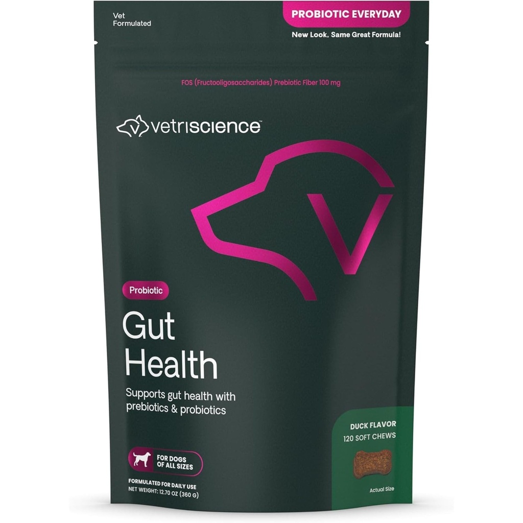 VetriScience Gut Health Chews, Probiotic Everyday Digestive Supplement for Dogs, Pet Probiotics for Digestion Support, Gas and Diarrhea, Immune Support, 1 Billion CFU Per Chew, Duck, 120 Count