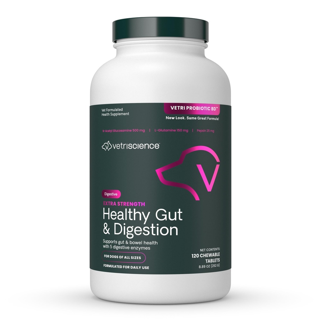 VetriScience Extra Strength Healthy Gut & Digestion Chewable Tablets, Probiotic BD Digestive Enzyme Supplement for Dogs, Soothe Gut and Bowel Discomfort, Chicken, 120 Count